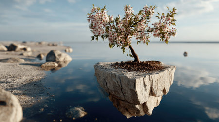 This stunning image captures a delicate blooming tree on a floating rock, reflecting tranquility in calm waters under a serene sky, perfect for nature lovers.の素材
