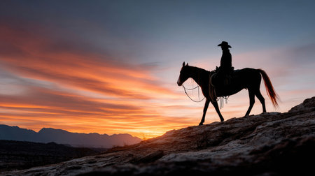 A stunning silhouette of a rider on a horse stands against a vibrant sunset sky, showcasing the beauty of nature in a tranquil desert landscape.の素材