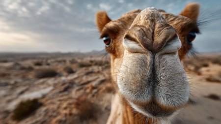This captivating close-up features a camel's face, showcasing intricate textures and expressive features against a vast desert backdrop.の素材