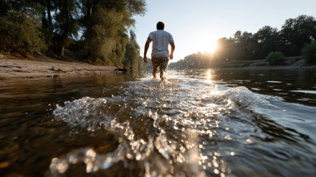 A man wades through shallow water at sunset along a riverbank, capturing a serene moment immersed in nature, with reflections and gentle ripples.の素材