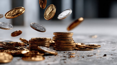 Close-up image depicting coins tumbling through the air above neatly stacked coins on a textured surface. This image represents finance, wealth, and investment themes.の素材
