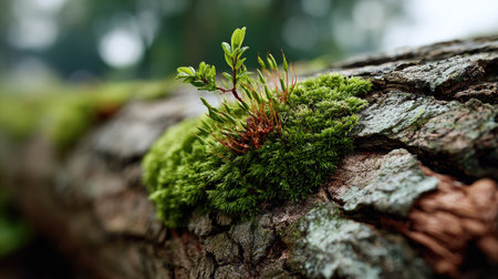 Captivating close-up shot showcasing vibrant green moss and a young plant sprouting on an aged tree log, highlighting the beauty of nature's renewal process.の素材