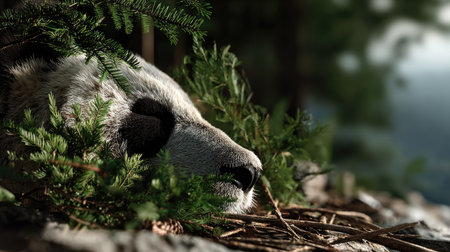 A serene close-up of a panda's face nestled among lush green leaves showcases its calm demeanor in a tranquil forest setting.の素材