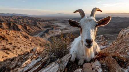 A majestic goat rests on a rocky outcrop, overlooking a stunning desert landscape at sunset, showcasing the beauty of wildlife in its natural habitat.の素材