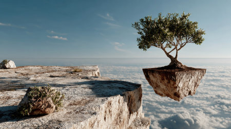 Discover a surreal landscape featuring a solitary tree floating gently above a rocky cliff and soft clouds, evoking a sense of tranquility and imagination.の素材