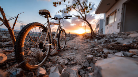 A solitary mountain bike stands amidst rocky terrain, framed by a sunset sky. The scene captures a feeling of adventure and exploration in a desolate environment.の素材