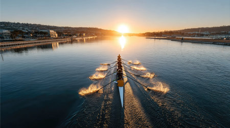 A dynamic scene of a rowing team gliding through calm waters at sunrise, creating beautiful reflections and gentle ripples as they train together in unison.の素材