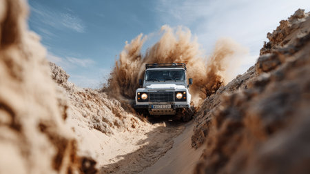 A thrilling off-road journey is captured as a rugged 4x4 vehicle navigates through soft desert sands, creating clouds of dust against a bright sky.の素材