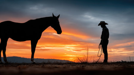 A stunning silhouette captures a cowboy standing beside a horse against a breathtaking sunset, showcasing the harmony between man and nature in a tranquil setting.の素材