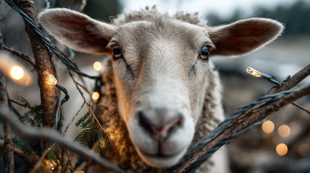 This captivating close-up features a curious sheep framed by twinkling lights, offering a charming glimpse into a serene outdoor scene. The fluffy animal draws attention to the beauty of nature and the holiday spirit. Perfect for animal lovers and nature enthusiasts.の素材