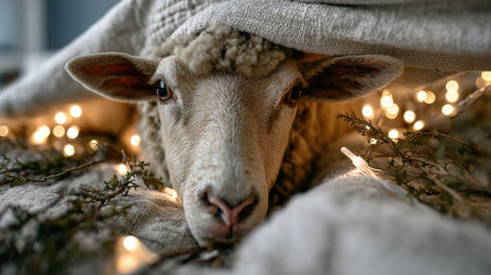 A close-up of a cozy sheep nestled under a soft blanket adorned with warm fairy lights, creating an intimate and serene atmosphere perfect for winter.の素材