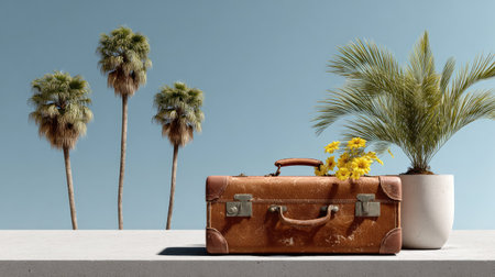 A charming vintage suitcase rests on a ledge beside a pot of vibrant flowers, with palm trees swaying in the background under a serene blue sky.の素材