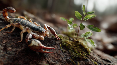 A detailed macro shot of a scorpion resting on a rocky surface surrounded by vibrant green plant life and moss, capturing the essence of forest ecosystems.の素材
