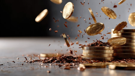 An artistic depiction of golden coins cascading down towards a stack with chocolate shavings, creating a visually striking representation of wealth and prosperity.の素材
