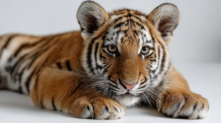 This captivating image features a young tiger resting with a serene expression. The intricate patterns of its fur and striking eyes create a breathtaking portrait of wildlife beauty.の素材