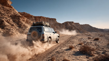 A thrilling off-road adventure captures a vehicle traversing a rugged desert landscape, kicking up dust clouds against a beautiful backdrop of mountains.の素材