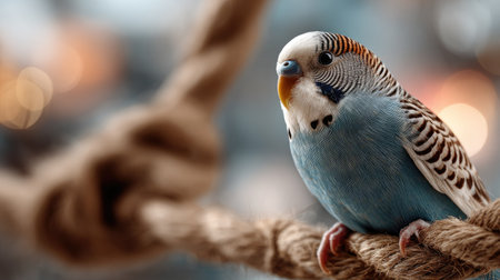 A stunning close-up of a colorful budgerigar perched on a sturdy rope, showcasing its vibrant blue and orange feathers against a beautifully blurred background.の素材