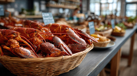 A stunning display of freshly cooked lobsters in a rustic basket, showcasing a variety of gourmet ingredients on a wooden table, ideal for culinary enthusiasts.の素材