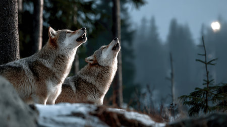 Two majestic wolves howl in a tranquil winter forest under the soft glow of moonlight, creating an atmosphere of wilderness and beauty.の素材