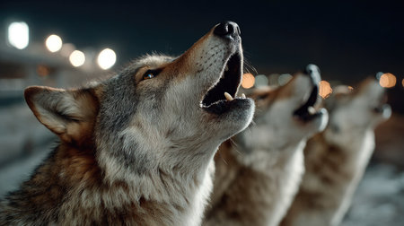 A captivating image of majestic wolves howling against a starry night sky, featuring blurred city lights, evoking a sense of wilderness and untamed beauty.の素材