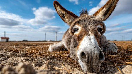 A close-up view of a relaxed donkey resting on sandy ground, surrounded by a peaceful rural landscape under a vibrant blue sky with clouds.の素材