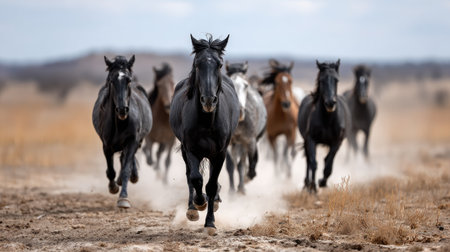 A breathtaking scene capturing a herd of galloping horses moving swiftly across a dusty landscape, showcasing their vigor and elegance in a natural setting.の素材