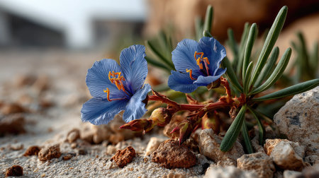 Stunning macro shot of delicate blue flowers growing among stones, capturing intricate petal details and vibrant colors in a natural outdoor setting.の素材