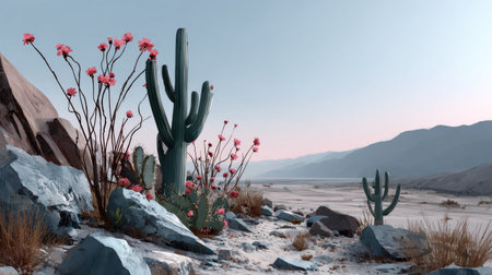This captivating desert landscape showcases unique cacti and vibrant blossoms against a stunning backdrop of mountains, evoking tranquility and natural beauty.の素材