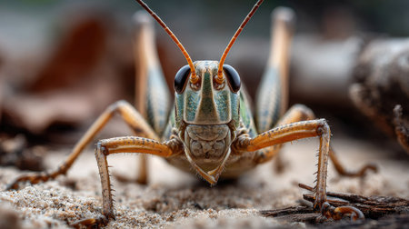 This close-up photograph showcases a grasshopper, highlighting the intricate details of its body, antennae, and eyes against a blurred natural background.の素材