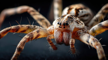 This image captures a stunning close-up of a colorful spider showcasing its intricate details and natural patterns, providing insight into its fascinating anatomy.の素材