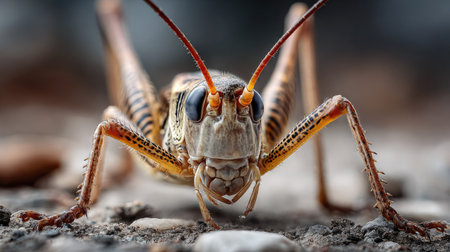 This macro photograph captures a vibrant grasshopper in detail, showcasing its textured exoskeleton and intricate antennae while resting on the ground.の素材