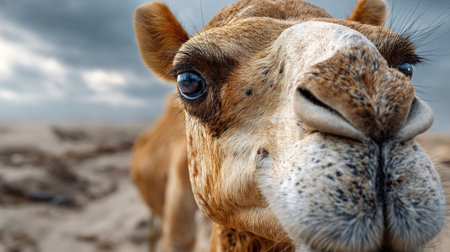This close-up image showcases a camel's face, highlighting intricate details of its fur and expressive eyes against a dramatic desert landscape.の素材