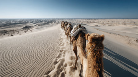 A stunning image capturing a line of camels traversing vast golden sand dunes under a clear blue sky, highlighting the serene beauty of desert landscapes.の素材