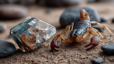 A detailed close-up of a scorpion positioned next to a shiny mineral on sandy ground, surrounded by smooth pebbles. The texture and colors offer a captivating glimpse into wildlife and geology.の素材