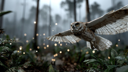 An owl elegantly glides through a misty forest, surrounded by soft glimmering lights, creating a serene and enchanting atmosphere in nature.の素材
