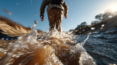 A person enjoys a serene walk through shallow water, creating splashes and ripples under the warm sunlight in a tranquil natural setting.の素材