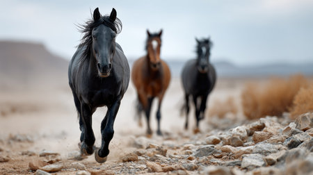 A stunning scene of three wild horses galloping through a dusty desert landscape, showcasing their strength and beauty in motion against a dramatic sky.の素材