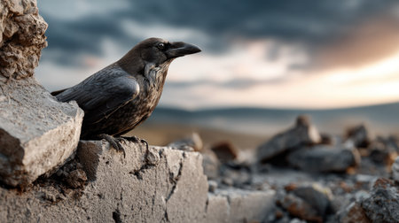 A solitary raven rests on weathered concrete ruins, beautifully contrasting against a moody sky during sunset. The scene evokes a sense of resilience and tranquility.の素材