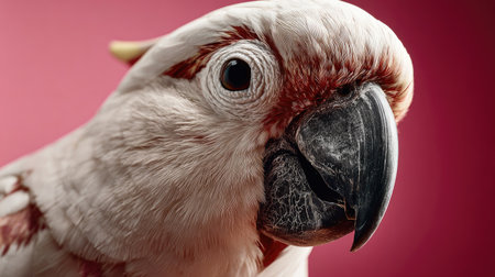 This captivating close-up showcases a stunning white cockatoo highlighting its distinctive feather patterns and expressive eyes against a soft pink background.の素材