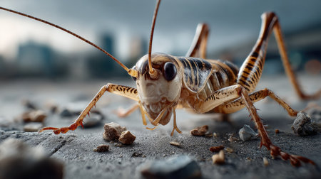 A striking close-up of a cricket showcasing intricate details such as its antennae, legs, and exoskeleton against an urban backdrop, highlighting wildlife resilience.の素材