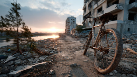 A solitary bicycle rests on a rugged pathway beside still waters, surrounded by remnants of urban decay at sunset, capturing a poignant moment of quiet reflection.の素材