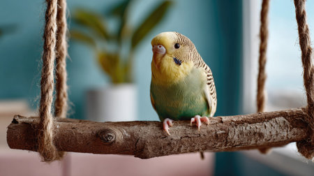 A vibrant budgerigar sits gracefully on a rustic swing, surrounded by a bright indoor environment, with a green plant bloom adding a refreshing touch.の素材