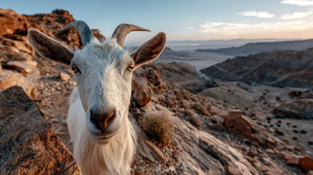 A captivating close-up of a goat in rocky surroundings with an expansive desert view in the background bathed in warm, golden hour light.の素材