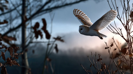 A captivating image of a barn owl gracefully soaring through a foggy forest at dusk, showcasing its stunning plumage and the serene atmosphere of nature.の素材
