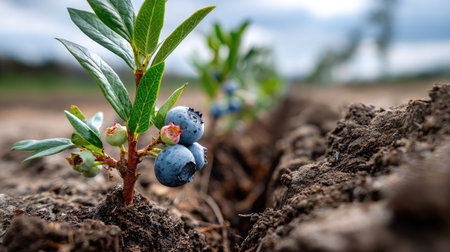 A vibrant blueberry plant emerges from rich soil in an agricultural field, showcasing fresh berries and green leaves under a cloudy sky.の素材