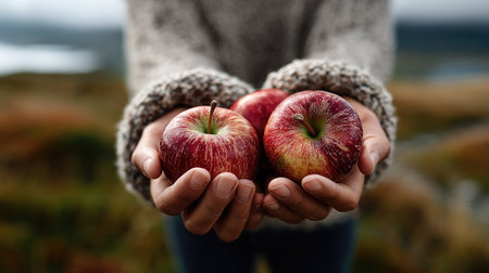 A captivating image showcasing fresh red apples held in two hands against a stunning outdoor backdrop, symbolizing health and nature's bounty. Perfect for promoting healthy eating and agrarian themes.の素材