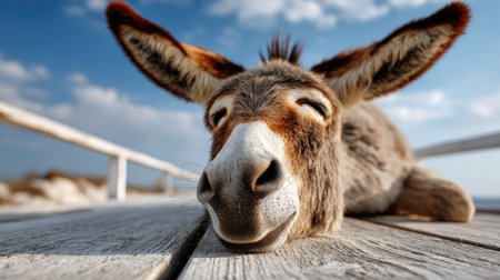 This charming image features a relaxed donkey resting on a wooden deck, enjoying the warm sunlight and peaceful surroundings under a clear blue sky.の素材