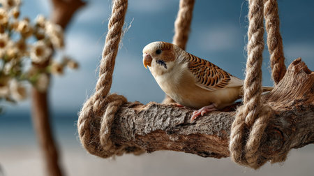 A beautiful budgerigar perched on a rustic wooden swing, showcasing vibrant feathers against a serene outdoor backdrop with flowers.の素材