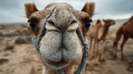 This stunning close-up photograph captures the detailed features of a camel in its natural desert habitat, showcasing its unique expression and textured fur.の素材
