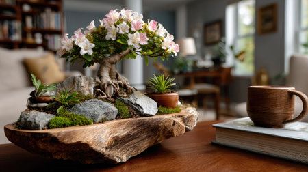 A beautifully arranged bonsai with delicate flowers and decorative rocks adds a serene touch to a stylish indoor space, perfect for relaxation and aesthetics.の素材
